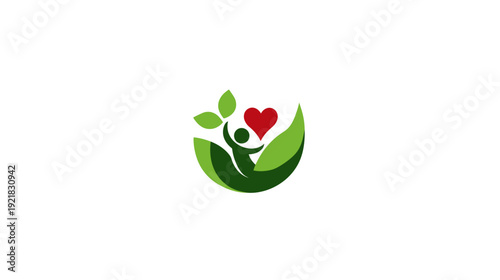 Stylized graphic of a happy person with a red heart surrounded by lush green leaves, representing natural health, wellness, and eco-friendly care.