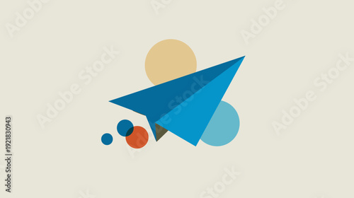 Abstract flat design blue paper airplane flying with colorful geometric circles, concept of travel, communication, idea launch