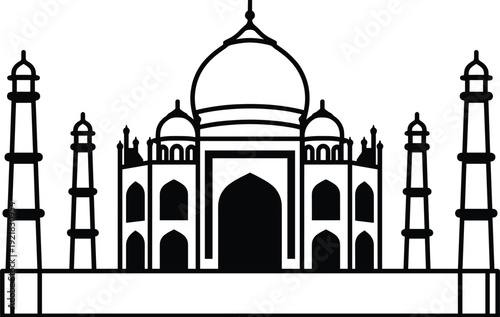 Stylized black silhouette illustration of Taj Mahal monument with domes and minarets, symbolizing Mughal architecture, heritage, and iconic landmark
