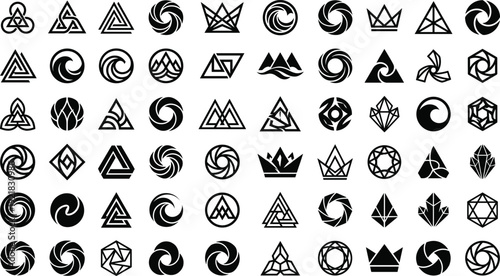 Set of sixty-four abstract black geometric symbols in grid, featuring diverse shapes, symmetry, and emblematic design motifs