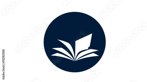 Minimalist open book icon within a dark blue circle, symbolizing education, learning, knowledge, and literature. Graphic design element.