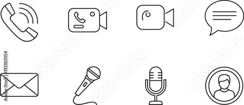 Communication and media line icon set including call video chat message microphone email and user profile interface symbols