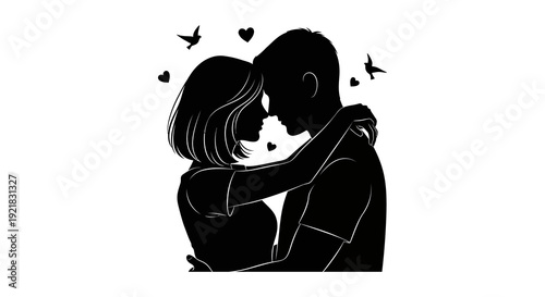 A silhouetted couple embraces tenderly surrounded by floating hearts and small birds high quality professional detailed