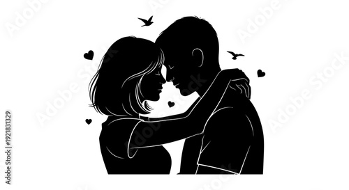 A silhouetted couple embraces tenderly surrounded by hearts and birds in a minimalist design high quality