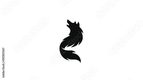 Stylized black wolf silhouette howling, minimalist animal icon, elegant wild canine design element on white background.