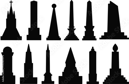 Set of monument and memorial silhouettes vector illustration, black isolated landmark shapes collection, cemetery gravestone icons, historic obelisk and column symbols on white background