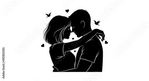 Silhouetted couple embracing tenderly surrounded by hearts and flying birds on a white background high quality