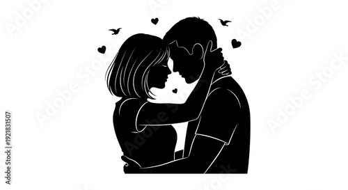 A silhouetted couple embraces tenderly surrounded by floating hearts and birds in a minimalist style