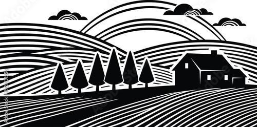 Black and white rural landscape illustration with farmhouse, rolling hills, trees and rainbow sky, modern linocut woodcut style v