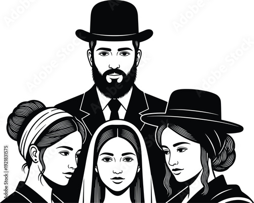 Black and White Vector Illustration of Orthodox Jewish Family Portrait Traditional Attire with Hats and Head Covl Religious Characters Isolated on White Backgrou