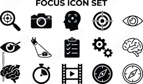 Black and white focus icons set with various symbols