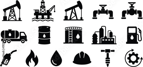Black and white icons of oil and gas industry equipment