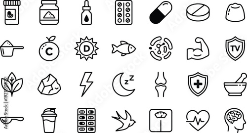 Black line icons of medical health nutrition and wellness symbols