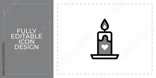 Romantic Candle with Heart Symbol Editable Vector Icon for Valentines Celebration