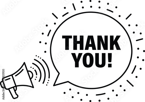 Thank you speech bubble illustration with megaphone announcement icon for appreciation message communication gratitude marketing and promotional design concept