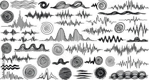 Abstract Hand Drawn Vector Scribble Elements Set Including Sound Waves Audio Signals Spirals Circles Swirls and Zigzag Lines for Creative Minimalist Graphic Design Projects