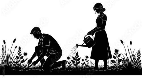 A couple gardens together in a minimalist black and white illustration tending to plants high quality