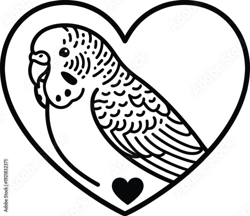 Budgerigar Bird in Heart Frame Line Art Illustration, Cute Parakeet Outline Drawing in Black and White Vector Style for Pet Love Design, Tattoo, and Coloring Pages