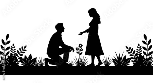 A silhouetted couple in a romantic scene a man proposing to a woman outdoors high quality