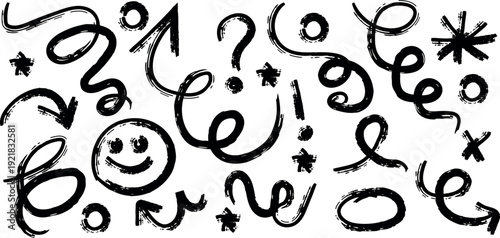 A collection of various black doodles and symbols on a white background