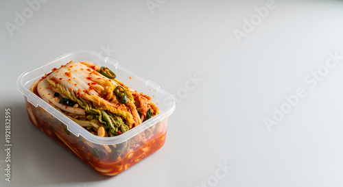 Homemade kimchi packed in a simple transparent plastic container positioned in the lower left of a pale gray countertop, wide empty top and right area as negative space for messaging.