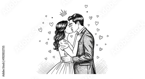 A couple shares a romantic kiss surrounded by hearts with a small crown above them