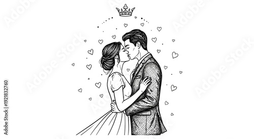 A couple shares a loving kiss amidst floating hearts and a regal crown illustration high quality