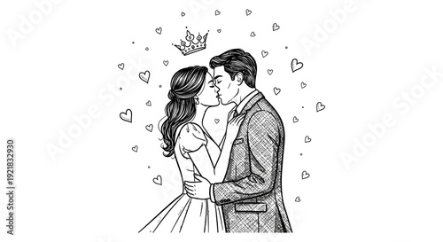 A romantic sketch depicts a couple deeply kissing surrounded by hearts and a floating crown