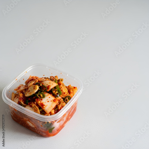 Homemade kimchi packed in a simple transparent plastic container positioned in the lower left of a pale gray countertop, wide empty top and right area as negative space for messaging.