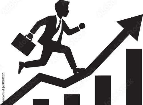A silhouette of a businessman running up an ascending line graph symbolizing career growth and financial success Vector