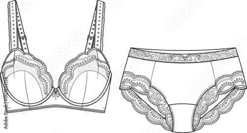 Lace lingerie set outline drawing, elegant bra and panties fashion flat vector illustration isolated on white background