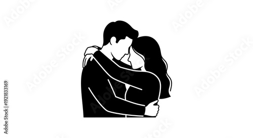 A black and white illustration depicting a couple embracing in a tender loving moment high quality
