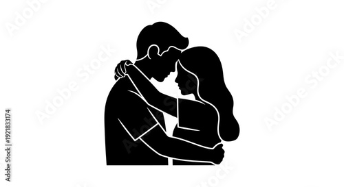 A black silhouette depicts a couple embracing in a tender and intimate moment of affection
