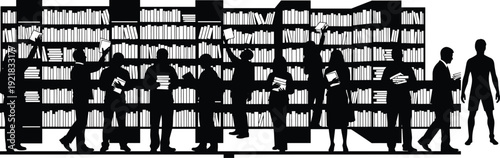 Library people silhouette scene, students reading and searching bookshelves flat vector illustration isolated on white background design
