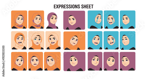 Muslim Woman Character Expressions Sheet Displaying Various Human Emotions on a Black Background