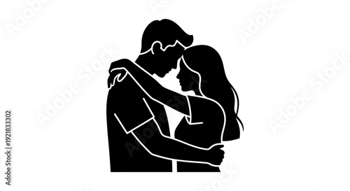 A black silhouette depicts a couple embracing in a tender and intimate moment of connection