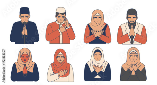 Muslim People in Traditional Attire Engaging in Various Prayer and Devotional Gestures