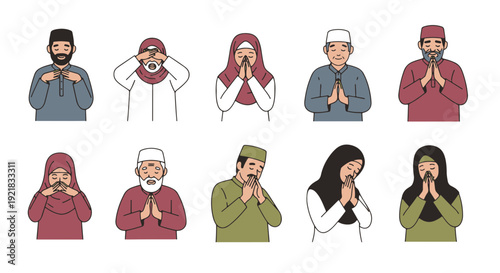 Muslim Characters Expressing Devotion and Respectful Greetings in Diverse Gestures Cartoon Illustration