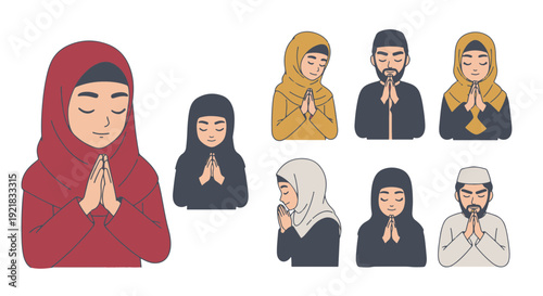 Muslim Men and Women with Hands Clasped in Prayer Representing Faith and Devotion