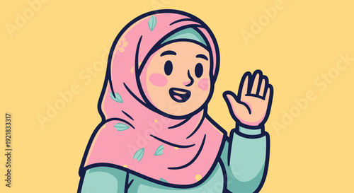 Muslim Woman Wearing a Pink Floral Hijab Cheerfully Waving Hand