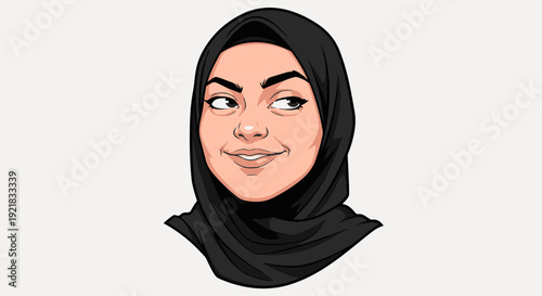 Muslim Woman Wearing a Black Hijab Smiles Warmly in a Cheerful Cartoon Portrait Illustration