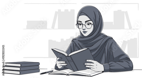 Muslim Woman Wearing a Hijab and Glasses Diligently Reading a Book at a Desk with Bookshelves