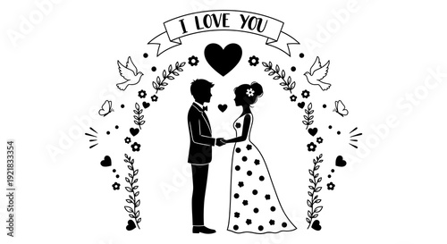 A black silhouette depicts a couple embracing under a floral arch with doves and a banner