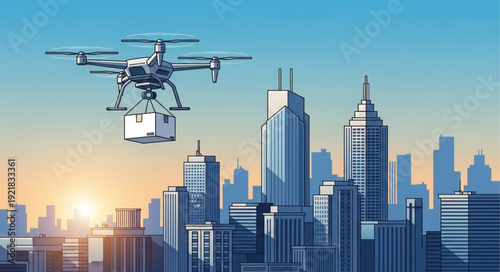 Delivery drone flying over city skyline at sunset.