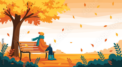 Woman Sitting on Bench in Autumn Park with Falling Leaves Vector