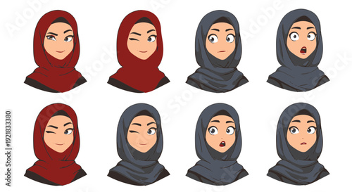 Muslim Women Wearing Hijabs Displaying Diverse Facial Expressions Vector Illustration Set