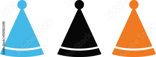 Colorful party hat silhouette vector set featuring blue black and orange celebration caps isolated on white background for festive design decoration and branding