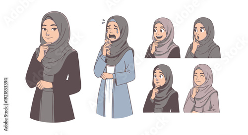 Muslim Woman Hijabi Expressions Set Displaying Various Emotions Such as Thinking Crying Happy and Surprised