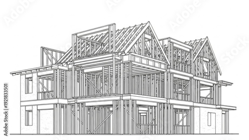 Detailed architectural drawing of a house under construction.