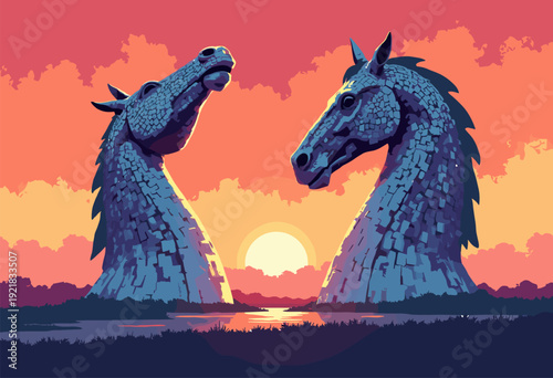 Kelpies horse head sculptures Falkirk, Scotland Metallic steel plates reflecting fiery sunset Dynamic angle